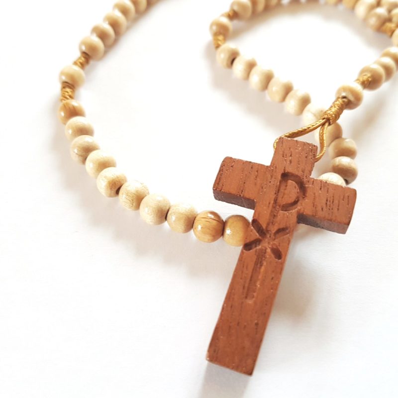 Geschenk zur Erstkommunion und Taufe. Handgeknüpfter Kinderrosenkranz, Rosenkranz aus Holz, handmade in Bayern