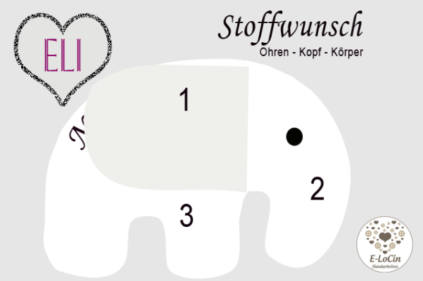 Elefantenkissen genäht aus 3 Stoffen, mit Name und Reißverschluß zum Waschen