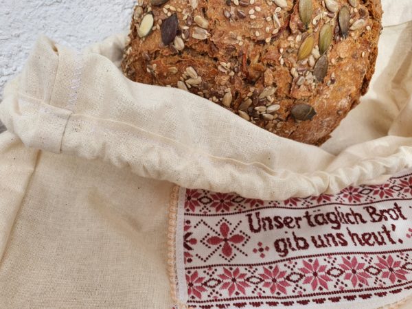 Brotbeutel "Unser täglich Brot gib uns heut" mit vintage gewebter Bordüre
