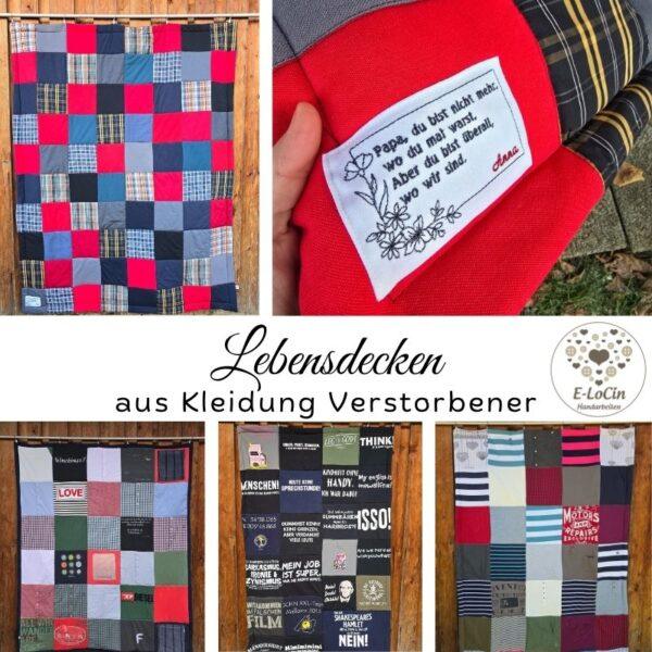Erinnerungsdeckenaus Kleidung Verstorbener als Lebensdecke, genäht mit Respekt und Feingefühl.