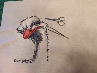 Herstellung des Stickbildes mit einem Straußenkopf, Emu-Kopf und witzigem Spruch