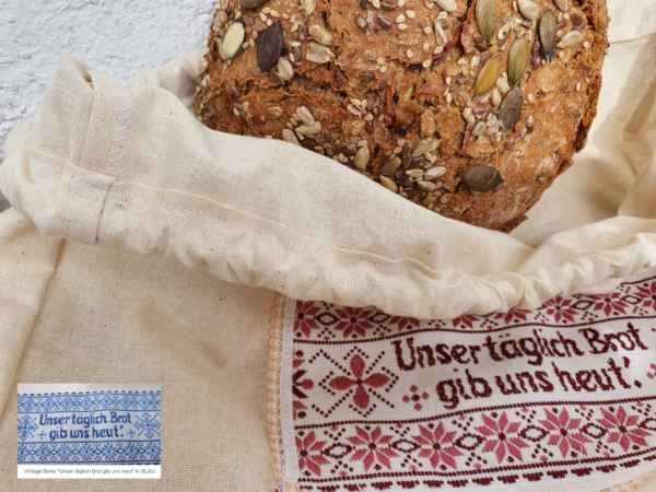 Brotbeutel "Unser täglich Brot gib uns heut" mit blauer vintage gewebter Bordüre