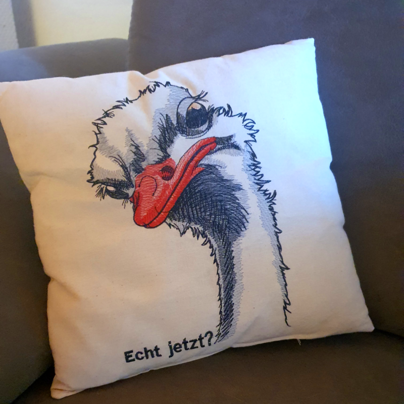 Kissen mit einem Straußenkopf, Emu-Kopf und witzigem Spruch