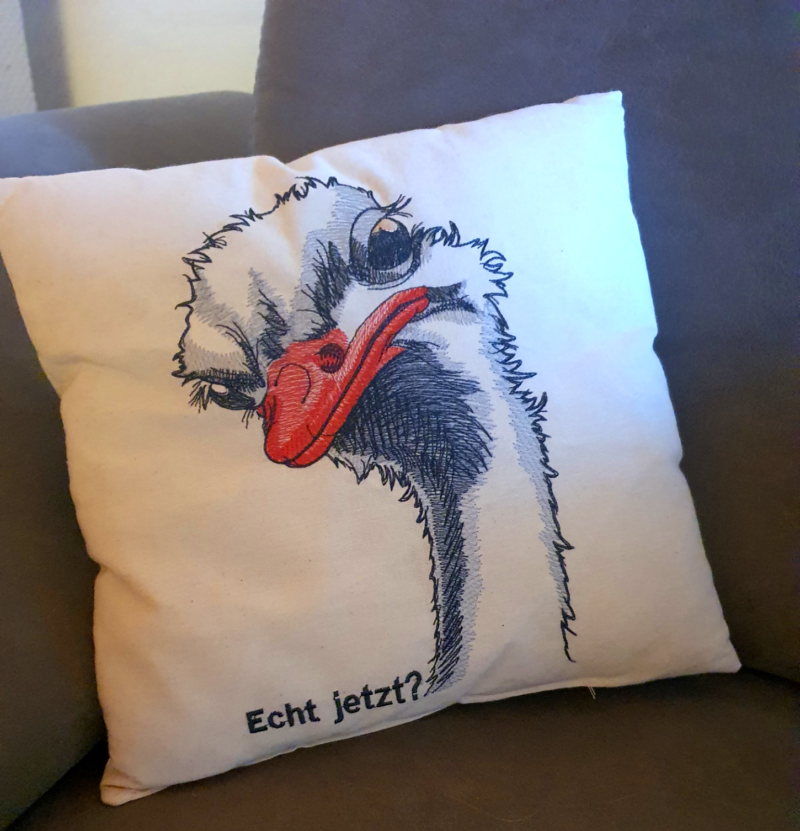 Kissen mit einem Straußenkopf, Emu-Kopf und witzigem Spruch