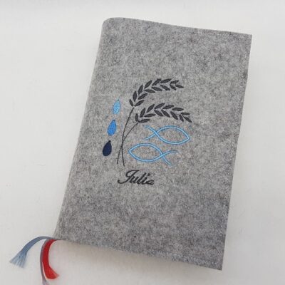 Gotteslobhülle Fische und Ähre - Geschenk zur Erstkommunion mit Name. Aus Filz bestickt.