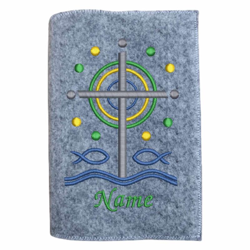 Geschenk zur Erstkommunion - Gotteslobhülle Punktekreuz mit 2 Fischen, Wasser und mit Name bestickt.