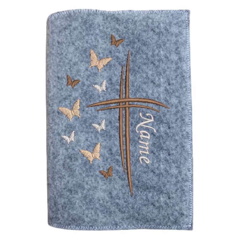 Geschenk zur Erstkommunion - Gotteslobhülle Kreuz mit Schmetterlingen und mit Name bestickt.