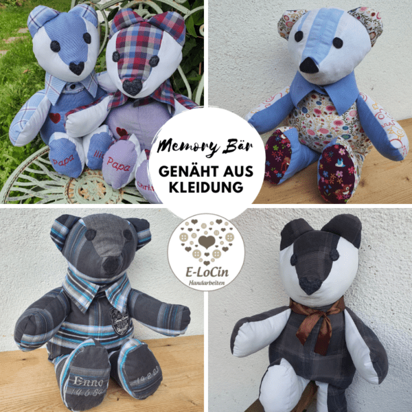 Memorybear, Trauerbär, aus Kleidung nähen lassen und mit individuelle Bestickung.