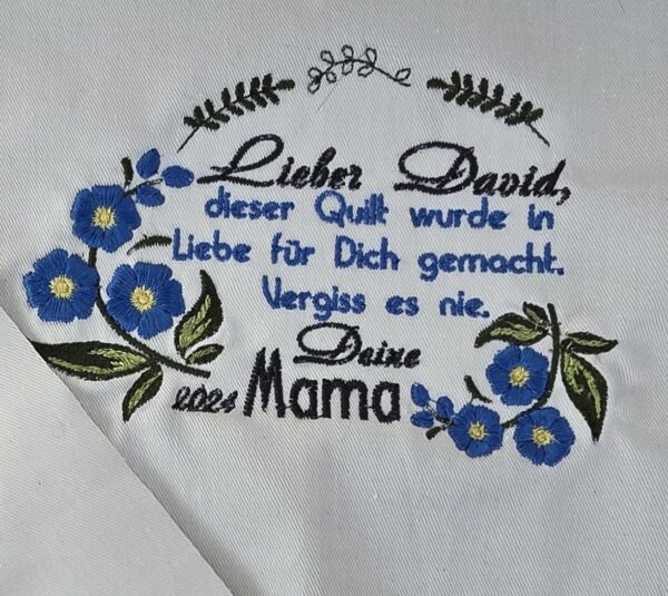 Quilt Label designed für eine selbst genähte Decke als Widmung