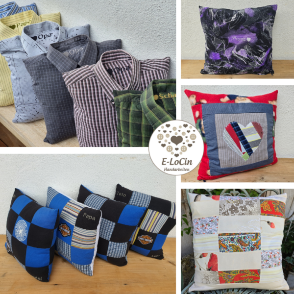 Unikate und individuelle Erinnerungskissen genäht aus eigener Kleidung oder Kleidung von Verstorbenen als liebevolle ♥ Erinnerung