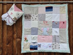 Erinnerungsdecke aus Babykleidung und eine Patchworkeule aus Babykleidung