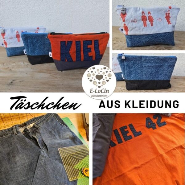 Upcycling - Täschchen, Kosmetiktäschchen und Kulturbeutel genäht aus Kleidung, wie Jeans, T-Shirts.