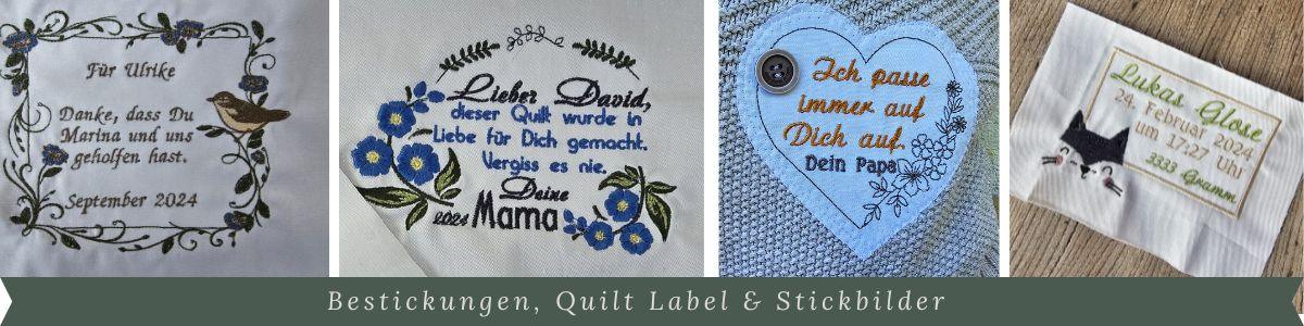 Quilt Label, Bestickungen und Stoffetiketten voll bestickt nach deinen Wünschen und Vorgaben. Verwendet als Widmung auf Kissen, Decken oder anderen Textilien