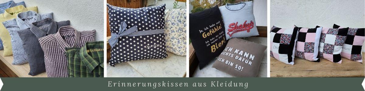Erinnerungskissen aus Kleidung genäht als Unikate mit Bestickungen und in individueller Ausfertigung, als Patchworkkissen oder Hemdkissen.