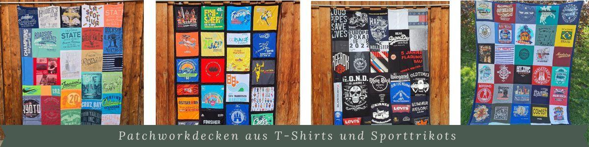 Patchworkdecke aus Urlaubserinnerungen, alten T-Shirts und Sporttrikots genäht zu einer Patchworkdecke
