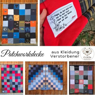 Patchworkdecke aus Kleidung Verstorbener als Erinnerungsdecke, genäht mit Respekt und Feingefühl.