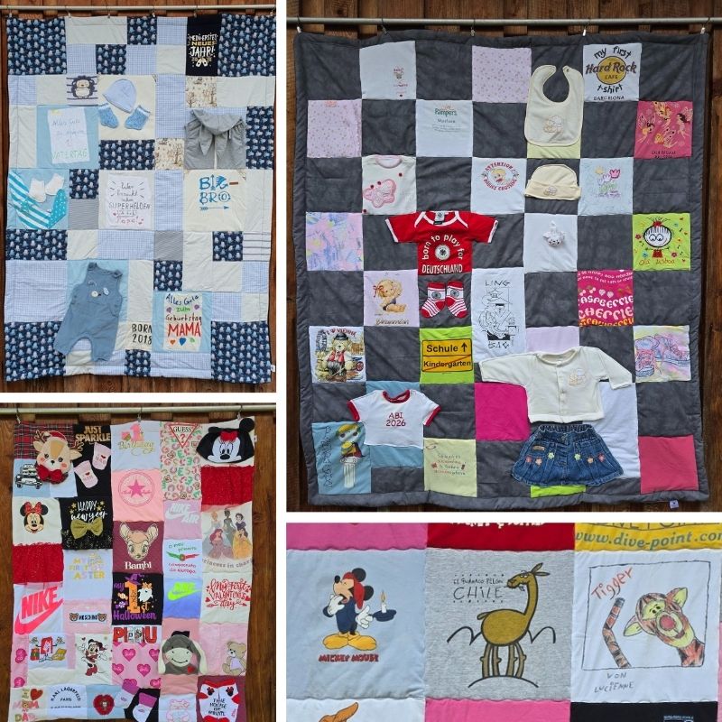 Erinnerungsdecken aus Baby- und Kinderkleidung sind Patchworkdecken genäht aus den aufbewahrten Schätzchen der kleinen