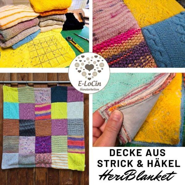 Patchworkdecke aus gestrickten und gehäkelten Handarbeiten, wie Strickpullover, Häkelschals uvm.