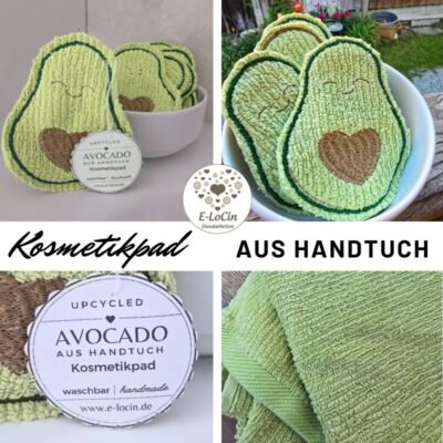 Kosmetikpad aus einem upcycled grünen Handtuch in Form einer Avocado