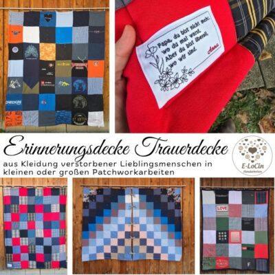 Erinnerungsdeckenaus Kleidung Verstorbener als Lebensdecke, genäht mit Respekt und Feingefühl.