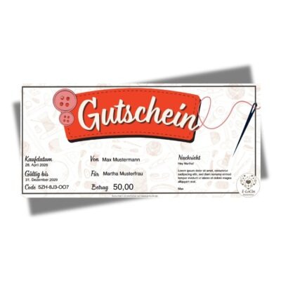 Gutschein im Layout mit roter Banneraufschrift 'Gutschein', Wert 50,00 €, gültig bis 31.12.2029, Hintergrund mit Muster und Codefeld