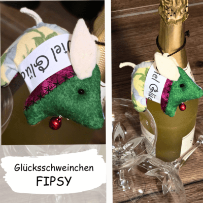 Glücksschweinchen FIPSY ist aus Patchworkstoffen bunt genäht und ist ein goldiger kleiner Glücksbringer zu Neujahr, zum Geburtstag und zu anderen Anlässen