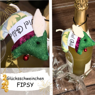 Glücksschweinchen FIPSY ist aus Patchworkstoffen bunt genäht und ist ein goldiger kleiner Glücksbringer zu Neujahr, zum Geburtstag und zu anderen Anlässen