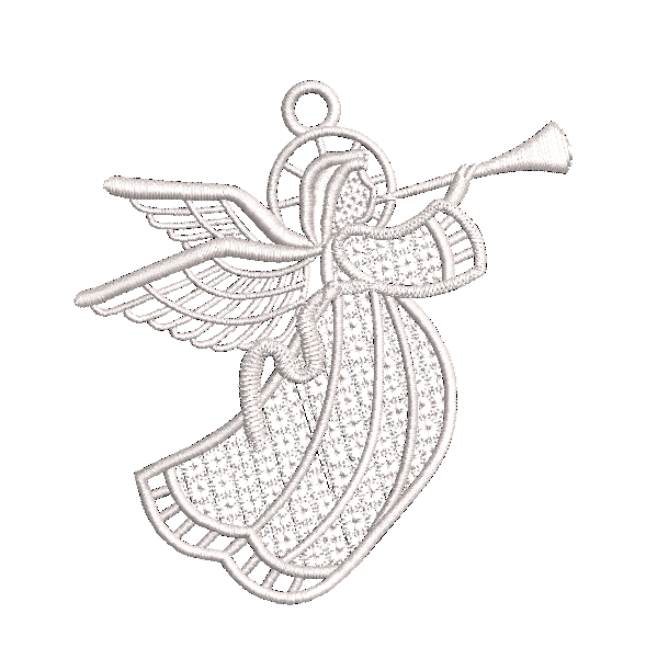 Stickbild des Engels aus Spitze maschinengestickt in der Free standing lace Technik