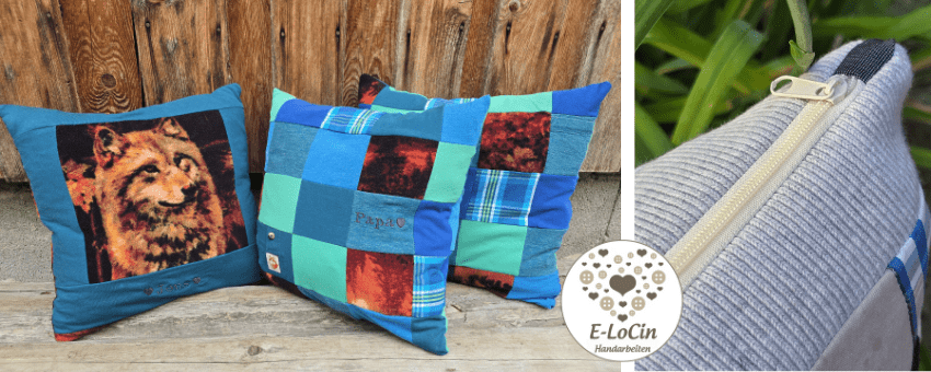 Erinnerungskissen aus Kleidung genäht in 20er Patches mit individueller griechischer Bestickung