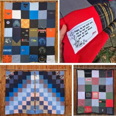Patchworkdecke aus Kleidung verstorbener Personen, individuell genäht als Erinnerungsdecke, liebevoll verarbeitet mit Respekt und Feingefühl.