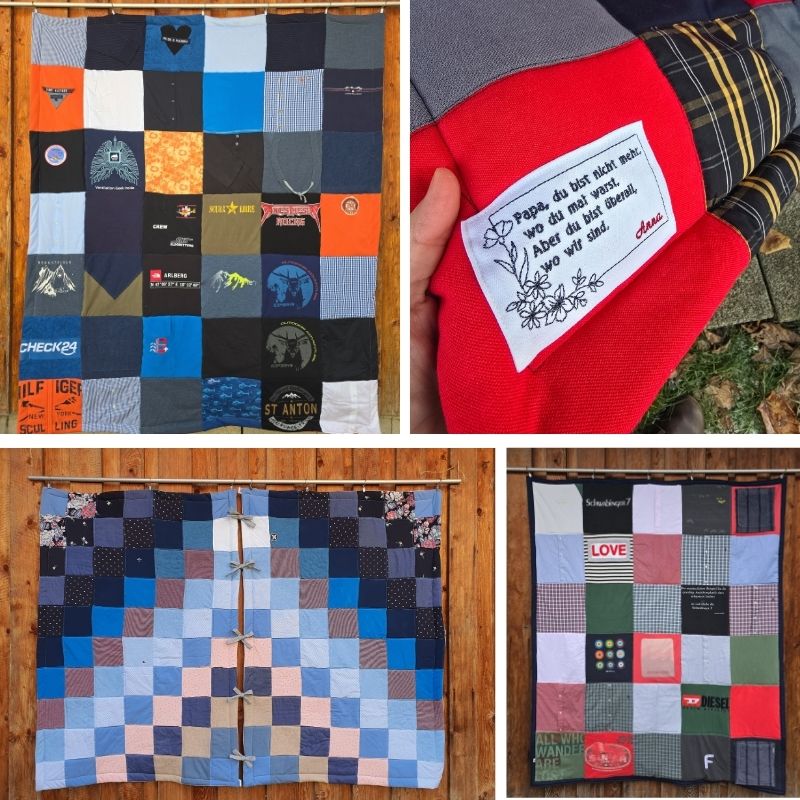 Patchworkdecke aus Kleidung verstorbener Personen, individuell genäht als Erinnerungsdecke, liebevoll verarbeitet mit Respekt und Feingefühl.