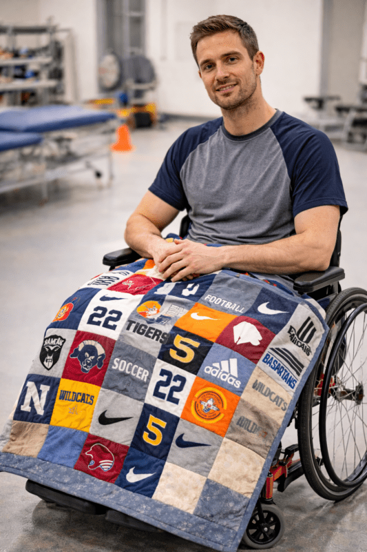 Rehapatient mit einer Erinnerungsdecke aus einen sporttrikots