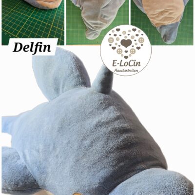 riesengroßer Delfin hat neue Füllung bekommen und ein Makeover in der Stofftierreparatur