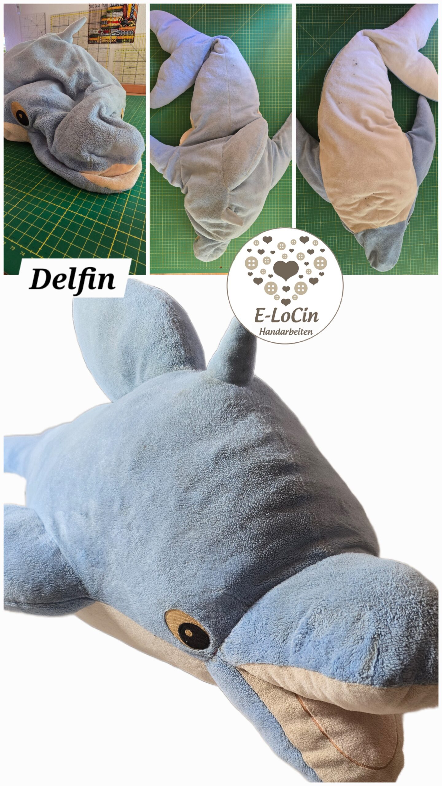 riesengroßer Delfin hat neue Füllung bekommen und ein Makeover in der Stofftierreparatur