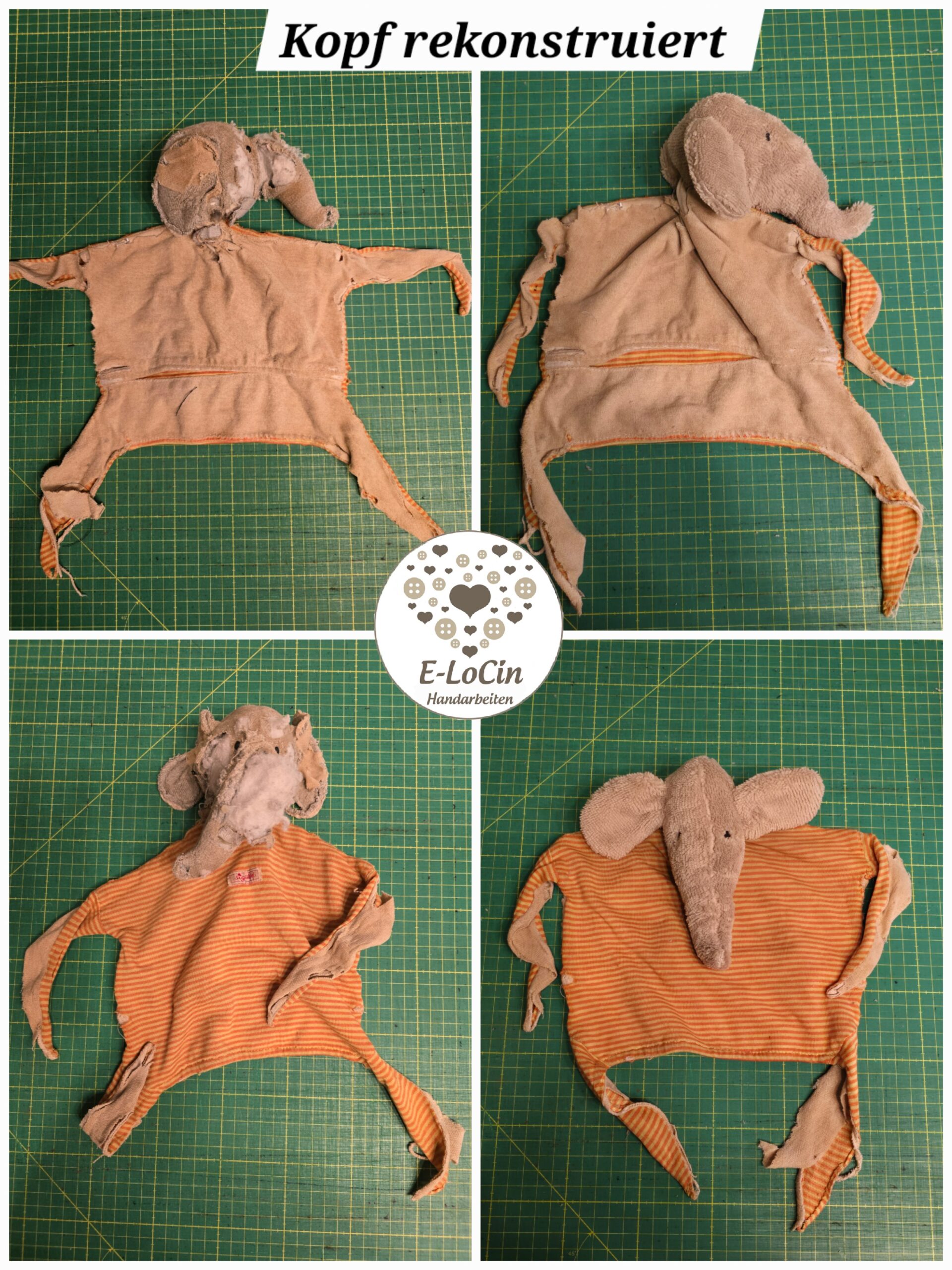 Elefantenkopf neu rekonstruiert als Stofftierreparatur und Restaurierung