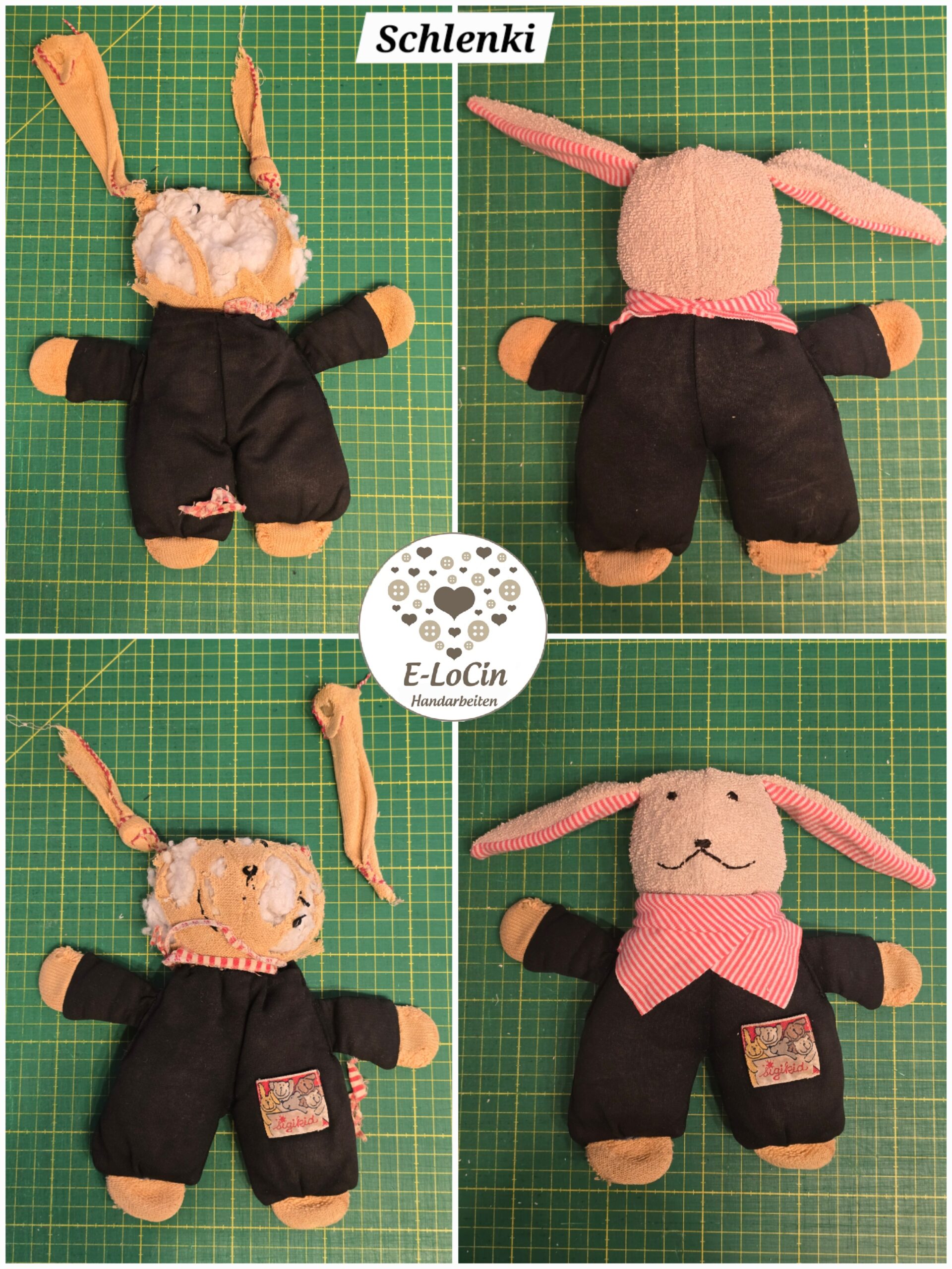 zerstörter Kopf eines Stofftiers rekonstruieren lassen mit Schnittmuster und neuen Stoffen