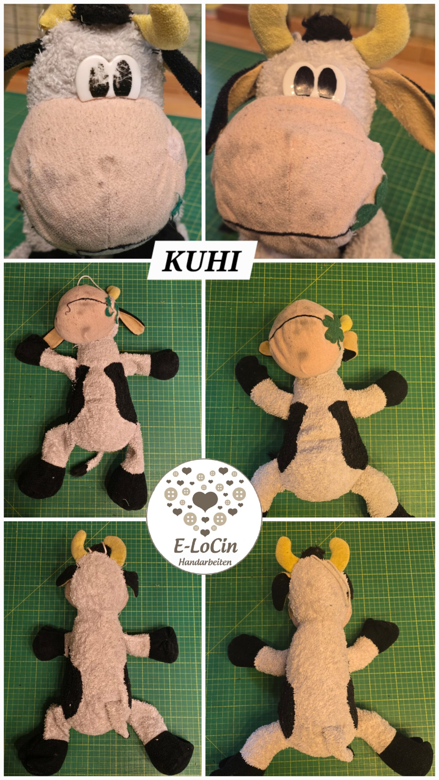 Ein Stofftier bekommt neue Füllung, neue Dekorationen, neuen Mund nachgestickt und viel neue Füllwatte