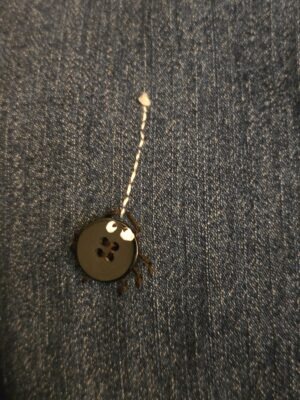eine kleine Spinne hängt an einem Jeansloch und ist eine witzige Reparatur, die man sehen darf