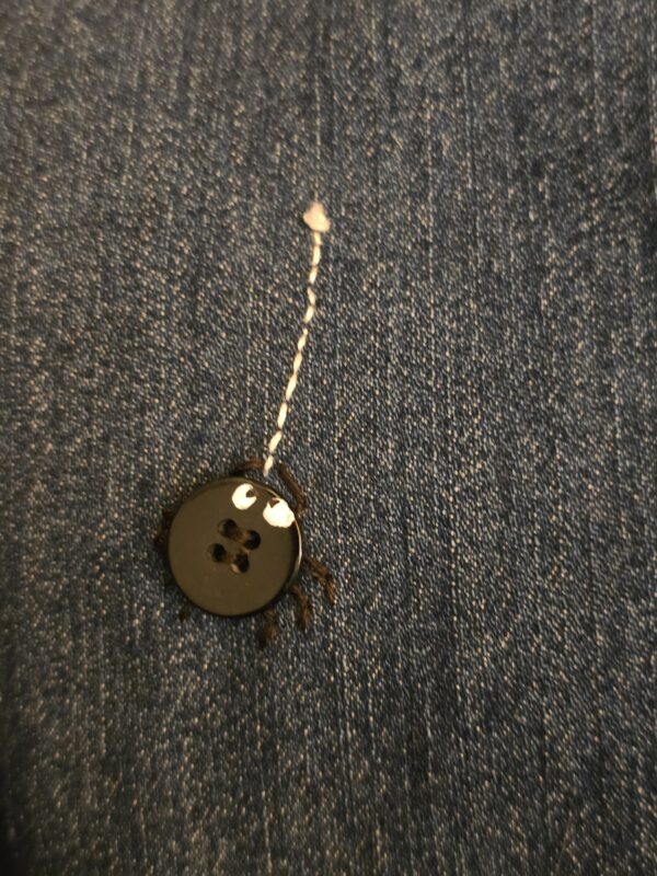 eine kleine Spinne hängt an einem Jeansloch und ist eine witzige Reparatur, die man sehen darf