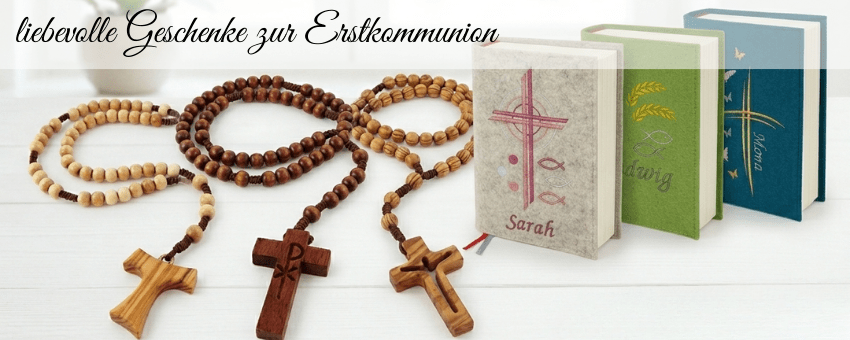 liebevoll gefertigte Geschenke zur Erstkommunion wie Gotteslobhüllen und handgeknüpfte Rosenkränze aus Bayern