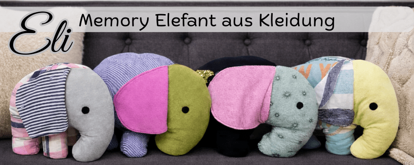 Ein großer Elefant genäht aus Kleidung von Babys, Kindern, deiner Lieblingskleidung oder aus Kleidung von Verstorbenen.
