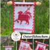 Handgesticktes Osterfähnchen mit IHS und Osterlamm. Doppelseitig bestickt, mit feinen Goldakzenten. Traditionelle, ruhige Handarbeit – ideal für Osterlammkuchen und Osterdeko.