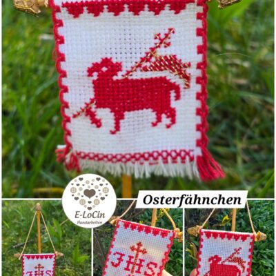 Handgesticktes Osterfähnchen mit IHS und Osterlamm. Doppelseitig bestickt, mit feinen Goldakzenten. Traditionelle, ruhige Handarbeit – ideal für Osterlammkuchen und Osterdeko.