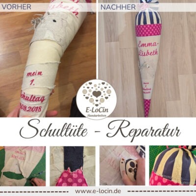 Reparatur von handgenähten Schultüten, Einschulung, handgefertigte Stoff Schultüten.