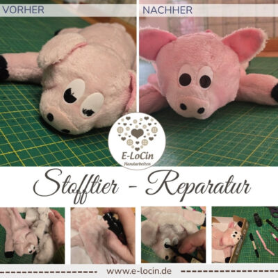 Schweinchen ist sehr alt und brauchte eine Fellkur, nachgezeichnete Augen, Auffüllung und kleinere Reparaturen