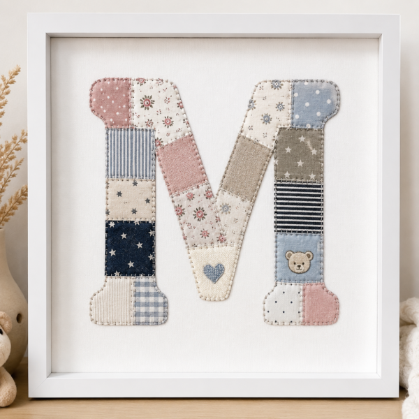 Aus Lieblingskleidung entsteht ein einzigartiges Erinnerungsbild mit Patchwork-Buchstaben. Handgefertigtes Unikat aus Babykleidung, Kinderkleidung, Kleidung Verstorbener, passend für 25 × 25 cm Bilderrahmen.