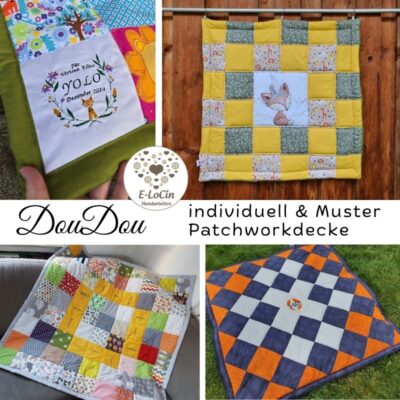 Ich nähe kunterbunte DouDou Patchworkdecken als Krabbeldecke, Babydecke oder Campingdecke bis XXL. Auch bestickt mit Name und unikaten Stickbildern.