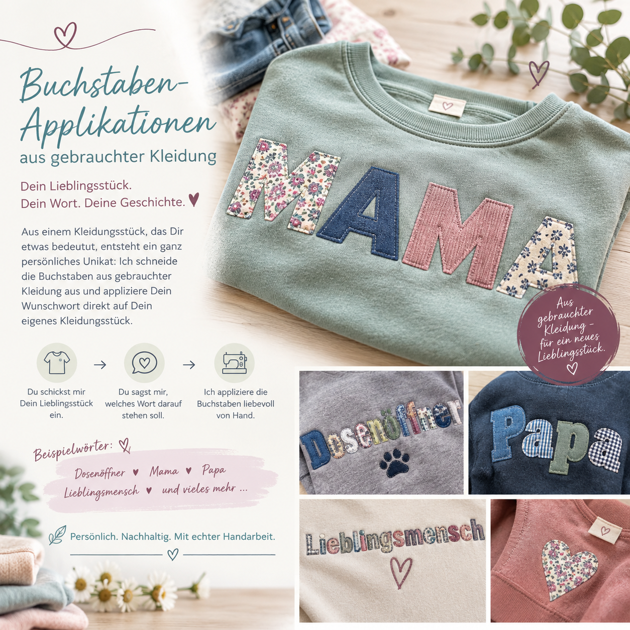 Individuelle Buchstaben-Applikationen aus gebrauchter Kleidung