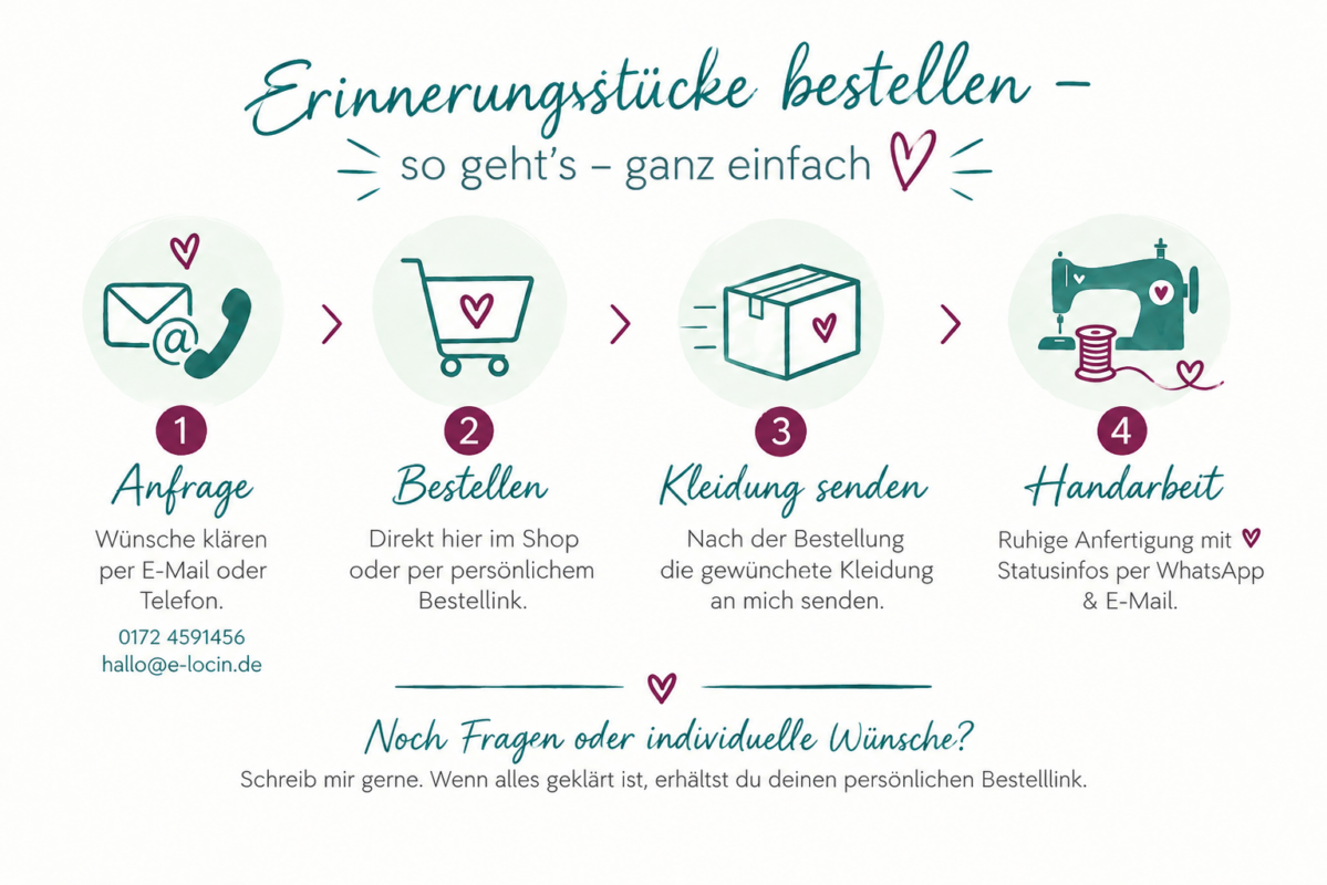 Erinnerungsstücke aus Kleidung bestellen bei E-LoCin Handarbeiten: einfacher Bestellablauf von Anfrage und Bestellung über das Einsenden der Kleidung bis zur ruhigen handgefertigten Anfertigung mit Statusinfos per WhatsApp und E-Mail.