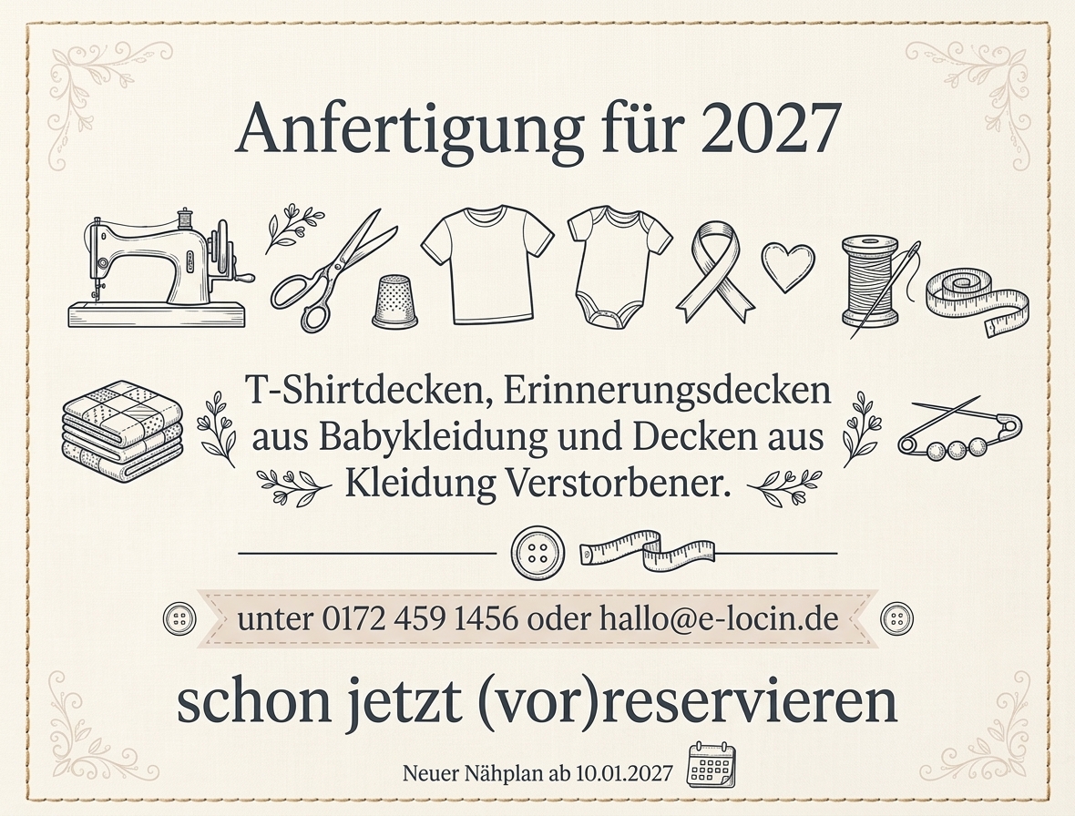 Handgefertigte Erinnerungsdecken, T-Shirt-Decken und Upcycling-Babydecken aus Kleidung Verstorbener mit Kontaktdaten zur Vorreservierung.